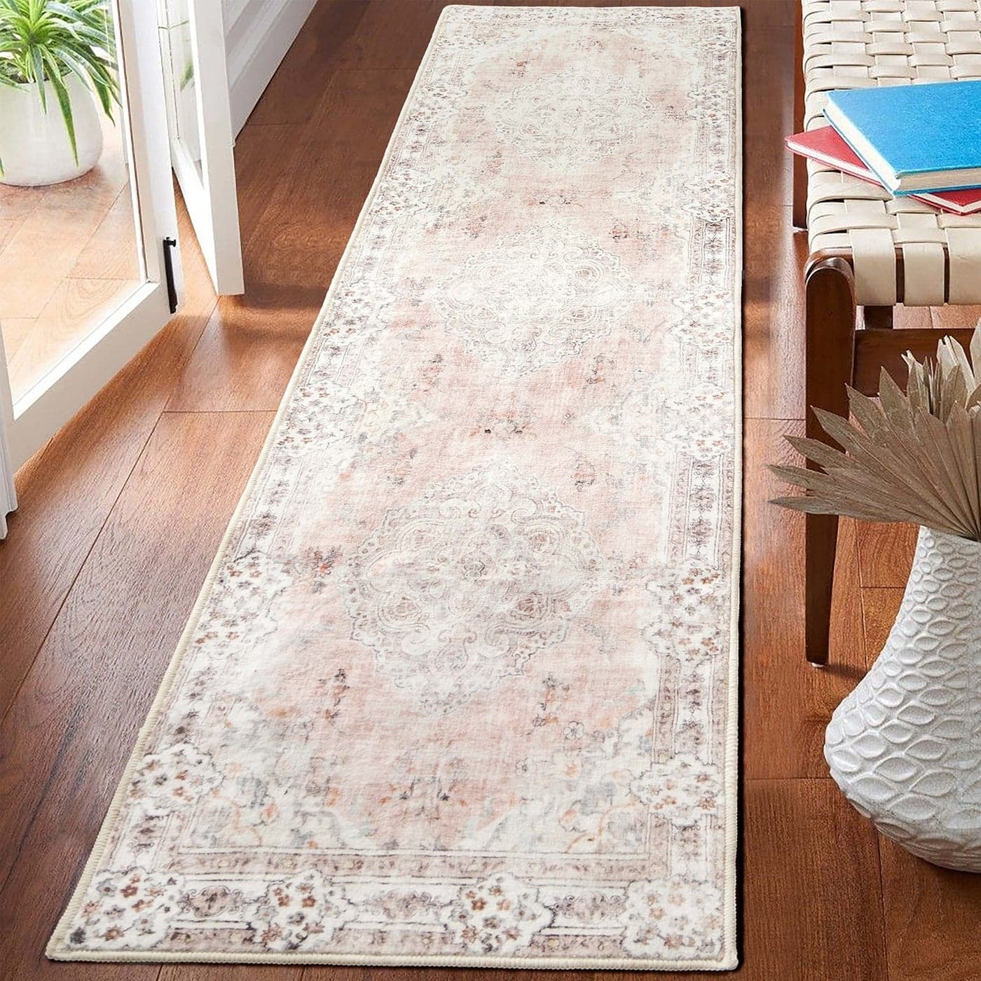 MUJOO Hallway Runner Rug 2x8 Pink Long Rug Runners Boho Machine Washable Non Slip Carpet for Entryway Kitchen Bathroom Bedside Retro Soft LowPile Blossom