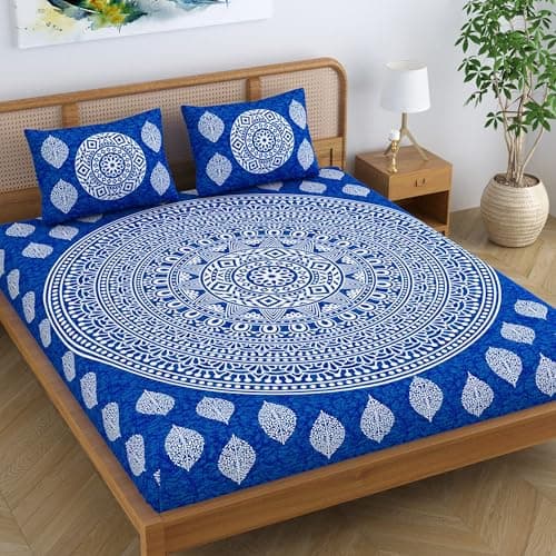 Colorish Cotton Blend Double Bedsheet Jaipuri Printed Mandala King Size Bed Sheet with 2 Pillow Covers - Royal Blue