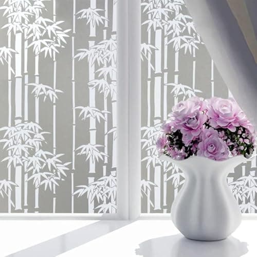 WISDOM Privacy Window Film Frosted Glass Film Glass Film No Glue Anti-UV Window Sticker Non Adhesive for Privacy Office Meeting Room Bathroom Living Room (Bamboo Leaf Frosted, 24 x 72)