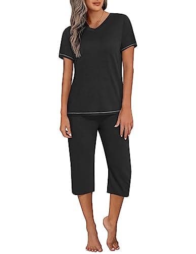 Ekouaer Women's Sleepwear Capri Pajama Sets Short Sleeve Two-Piece Pjs V Neck Tops & Capri Pants with Pockets S-3XL Black