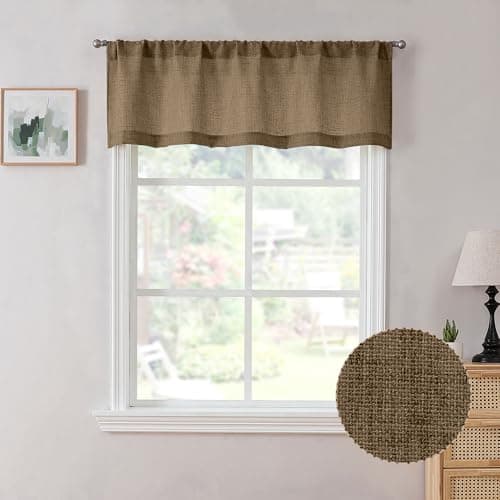 Tollpiz Linen Valance Bedroom Rod Pocket Semi Sheer Curtain Valances Burlap Light Filtering Thick Linen Valance Drape for Living Room, 54 x 16 inches Long, Brown, Set of 1 Panel