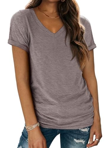 ATHMILE Womens T Shirts for Women Short Sleeve V Neck Basic Tees Tunic Tops Loose Fit Casual Summer Outfits Clothes Beach