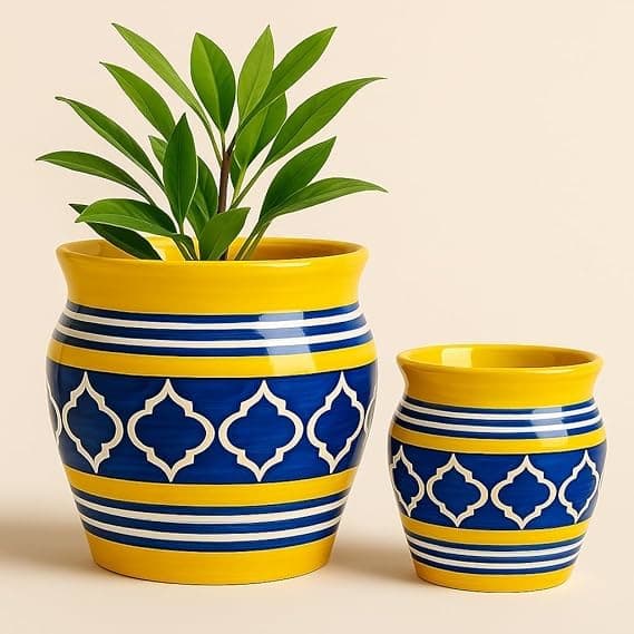 Niyara Stylish Ceramic Planters | Moroccan Yellow & Blue Pots for Indoor & Outdoor Use | Perfect for Succulents, Balcony, Home, Garden, Office | Sizes: 7 inch & 5 inch (Set of 2)