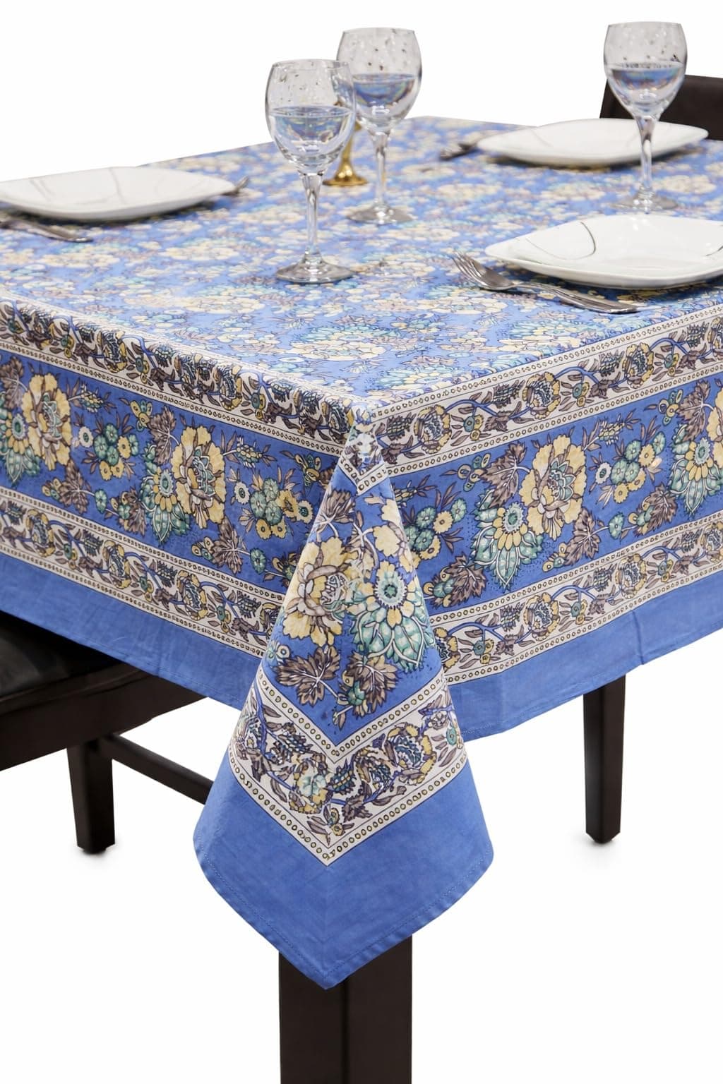 India Arts Floral Print Square Cotton Tablecloth 70" x 70" Baby Blue