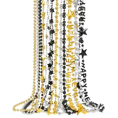 New Years Necklace Accessories 100PCS New Years Eve Bead Necklaces Party Supplies 2026 12 Kinds HAPPY NEW YEAR Star Necklace Bulk Black Gold Silver Bead Necklace 2026 for New Year Decorations