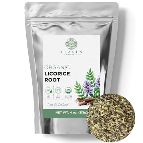 Elanen Naturals Organic Licorice Root 4 oz. (113g), USDA Certified Organic Licorice Root Tea, Licourice Bulk Chopped, Liquorice, Raiz de Regaliz Licrice, Glycyrrhiza glabra, Cut & Sifted