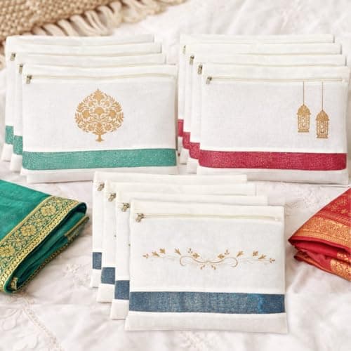 IVillage Reusable Cotton Saree Covers/Bags for Clothes Storage, Travelling, Wardrobe Organizer with Mesh/Window and Zip Closure (16 * 14 inches) - Pack of 12 | White
