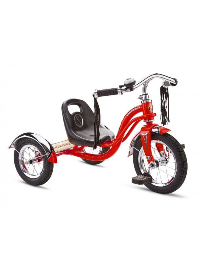 Schwinn Roadster Bike for Toddler, Kids Classic Tricycle, Low Positioned Steel Trike Frame with Bell and Handlebar Tassels, Rear Deck Made of Genuine Wood, for Boys and Girls Ages 2-4 Year Old, Red