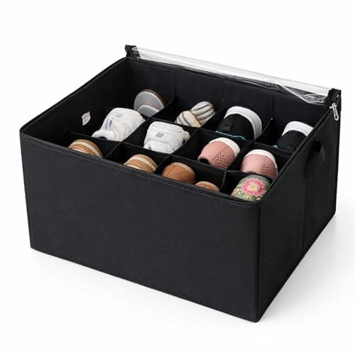 Sopent Shoe Organiser & Shoe Storage Organizer – 12 Compartment / 16 Pair Capacity, Space Saver Foldable Fabric Shoe Box with Clear Dustproof Cover for Wardrobe