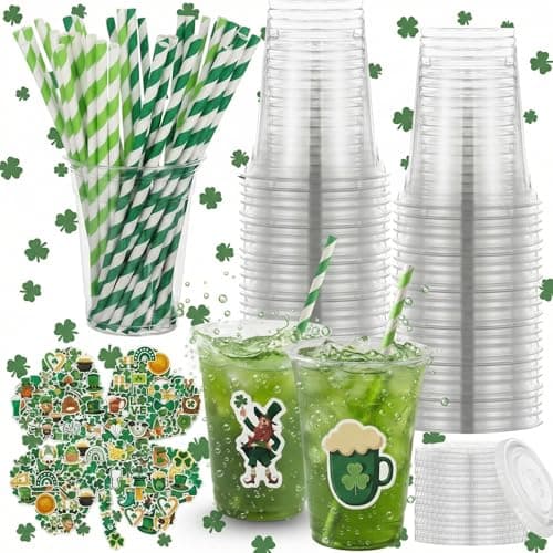 Sieral 36 Pcs 12 oz St. Patrick's Day Disposable Plastic Cups with Lids Straws Stickers Green Shamrock Irish Themed DIY Clear Cups for St. Paddy's Day Party Beer Juice Coffee