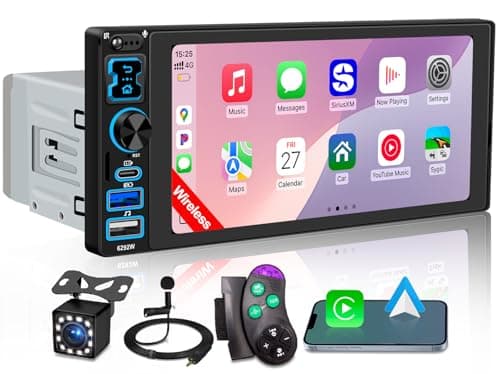 Single DIN Car Stereo Radio with Wireless Apple CarPlay Android Auto 69 IPS 1280x600 Touchscreen Bluetooth 52 FM Radio Backup Camera 1 DIN Head Unit 180W Subwoofer Out TypeC Fast Charging