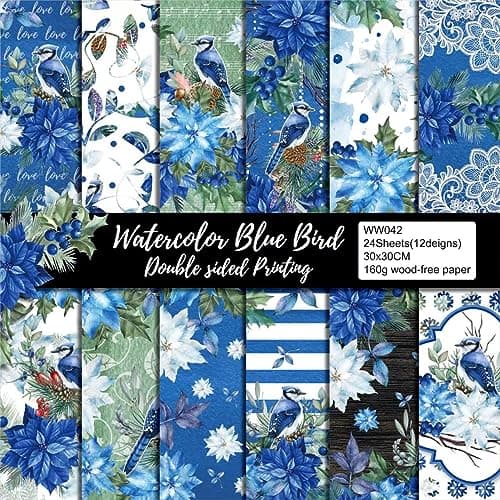 Blue Floral Scrapbook Paper 12inchBlue Birds Flower Patterned Paper 24 Sheets DoubleSided Scrapbooking Papers Pad for Holiday Cardmaking DIY Origami Decorative Craft Papers
