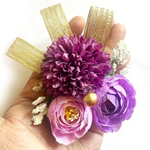 ADIKALA™ Handmade Artificial Carnations & Peonies Flower with Golden Riibbon Bunch for Trousseau Packing, Flower Brooch Hamper for Decoration, Gift Wrapping (12, Purple)