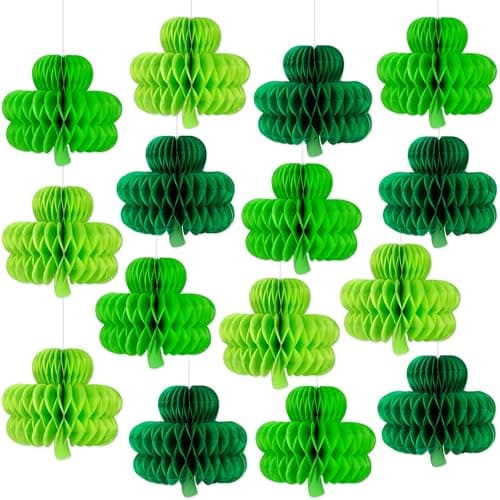 15Pcs St Patricks Day Hanging Decorations - Shamrock Honeycomb Paper Irish Ceiling Decor for Table Centerpiece Birthday Party Favor