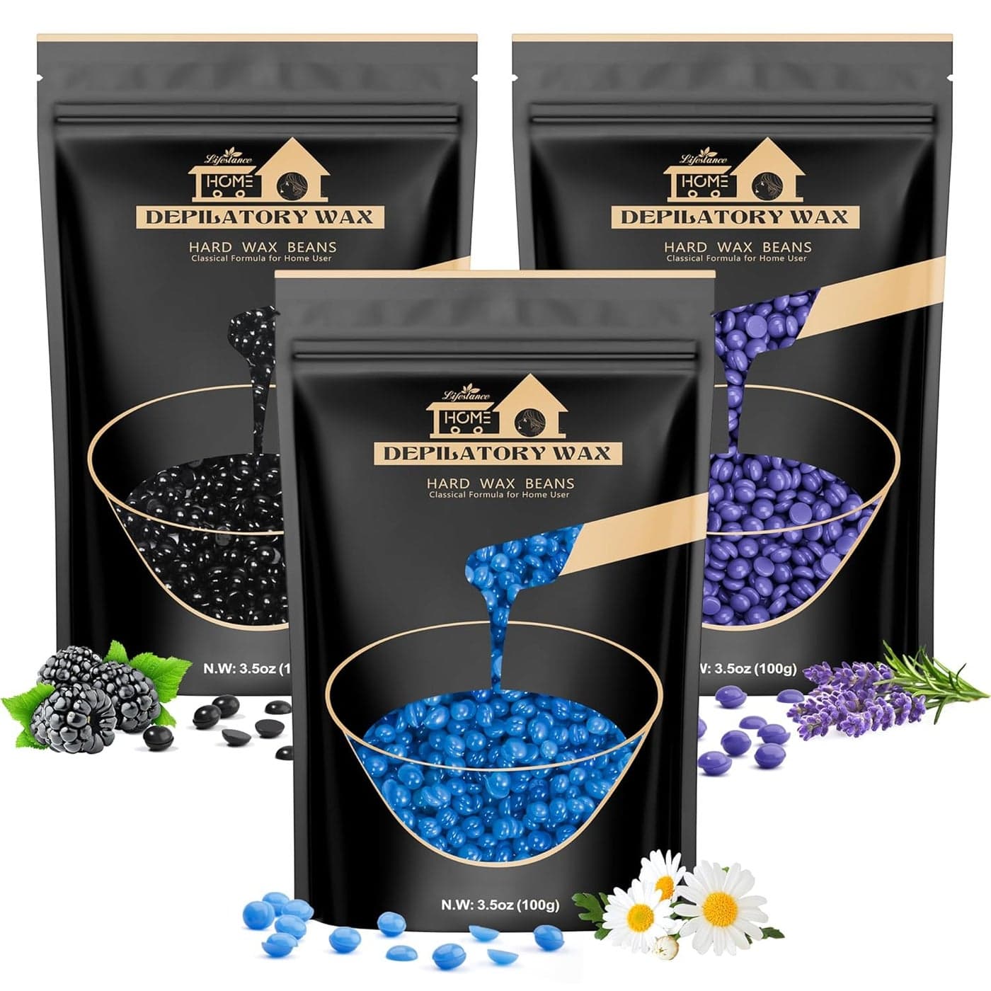Lifestance Wax Beads, 3 Packs Waxing Beads, Hard Wax Beads (Lavender & Chamomile & Blackberry) Perfect for Any Wax Warmers, Wax Beads for Hair Removal for Whole Body, Bikini, Underarm, Arm, Legs