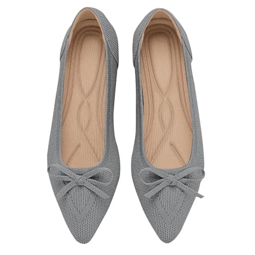 TINGRISE Women's Flats Pointed Toe Bow Knit Ballet Shoes Comfortable Dressy Mesh Slip On Flat Grey US6.5