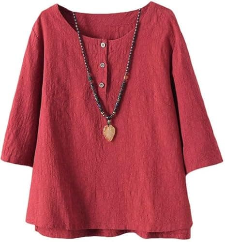 Minibee Women's 3/4 Sleeve Cotton Linen Jacquard Blouses Top T-Shirt (XL, Red)