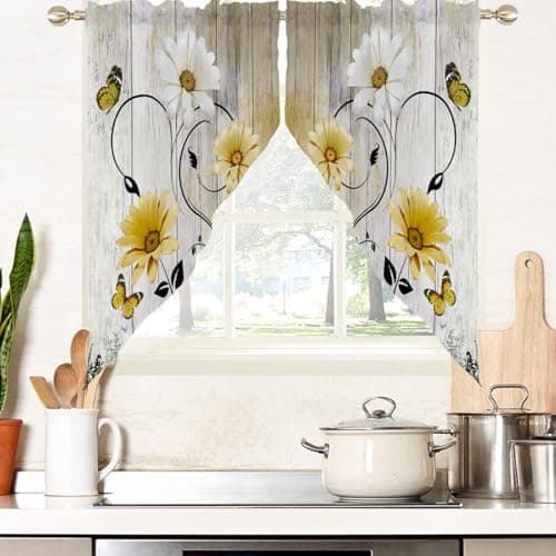 AAtter Yellow and White Floral Swag Valance for Windows 28 W x 36 L Rod Pocket Fabric Kitchen Curtains Farmhouse Window Treatment for Cafe Bathroom Decor
