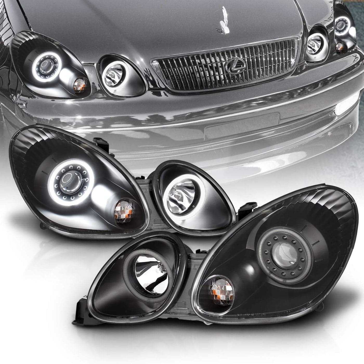 AmeriLite Black Projector Headlights with Ultra Bright LED Halo for Lexus GS 300/400 - Halogen Bulb Version