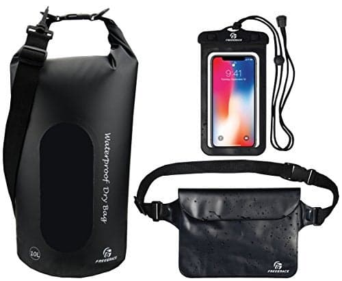 Freegrace Waterproof Dry Bags Set of 3 Dry Bag with 2 Zip Lock Seals & Detachable Shoulder Strap, Waist Pouch & Phone Case - Can Be Submerged Into Water - for Swimming (Black(Window), 10L)