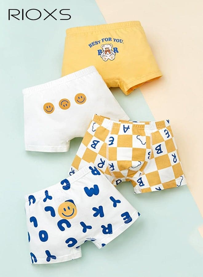 Toddler Boy's Cotton Boxer Briefs, Soft Breathable Cartoon Smiley Print Boxer Underwears for Little Boys, Kids Boys Moisture-Wicking Fabric Underwear, 4 Packs