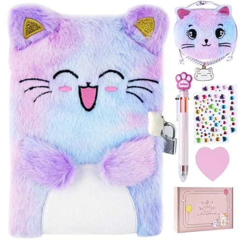 PJDRLLC Cat Diary with Lock Gift for 6 7 8 Year Old Girl Secret Diary Journal Notebook with Coin Purse Multicolored Pen Postit Note Stickers Practical Gift for Birthday A Happy Cat