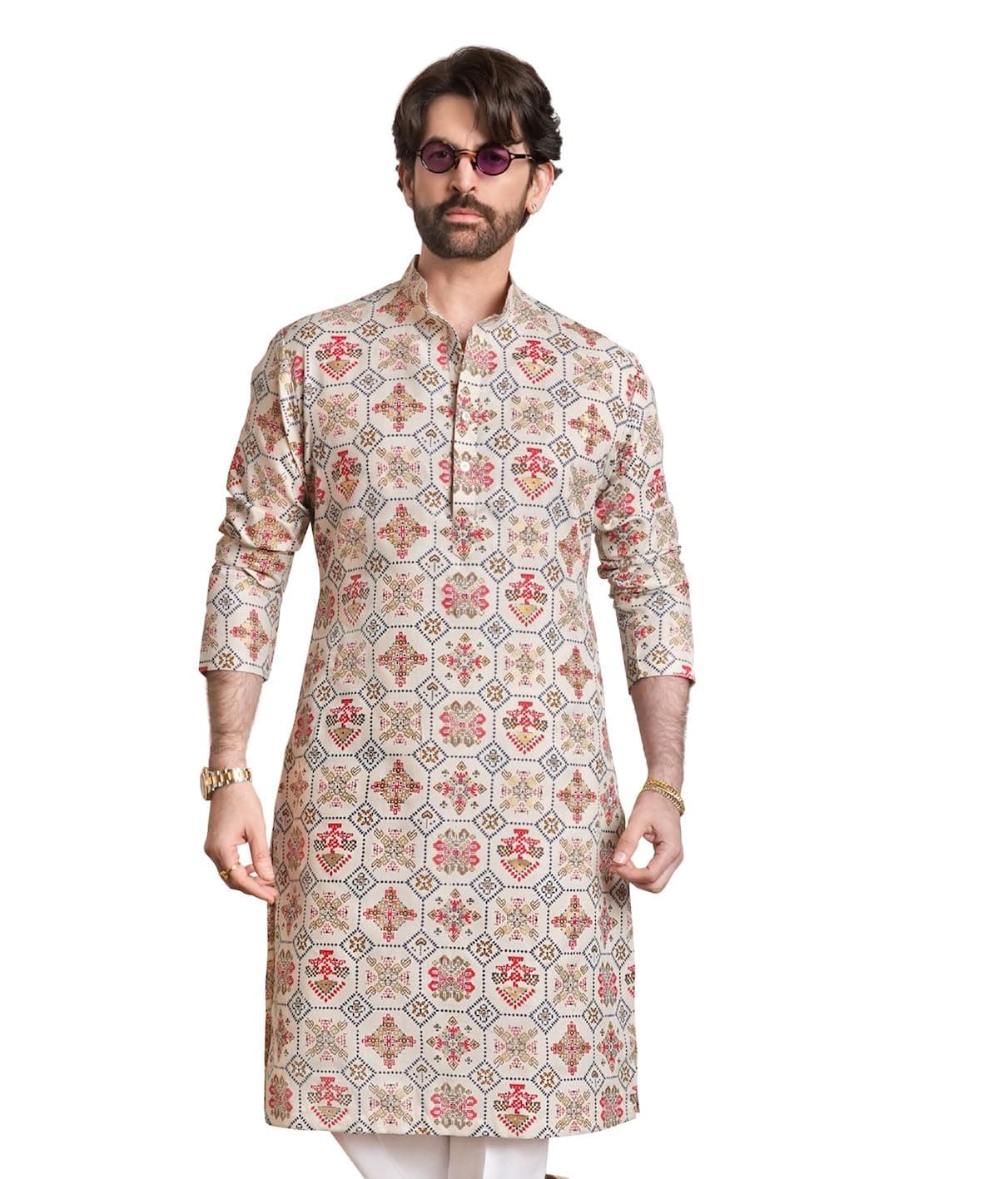 SOJANYA (Since 1958 Men's Cotton Blend Cream Color Floral Design Only Long Kurta