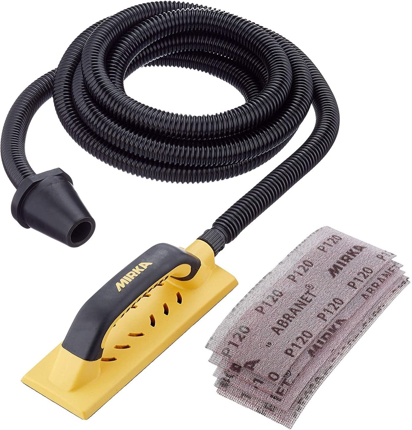 Mirka HandyKit Dust-Free Hand Sanding Block 3" x 9" / Hook and Loop / 55 Holes / Abranet Mesh Net Sheets / Vacuum Hose, Yellow, Black
