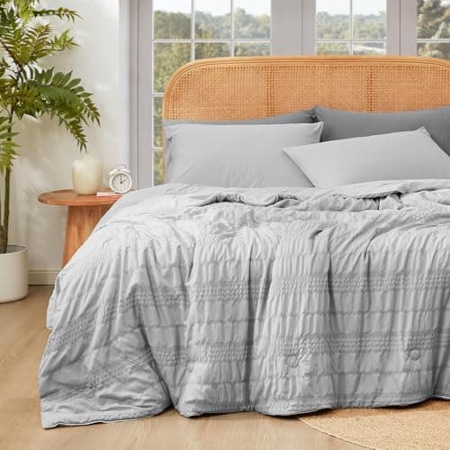 Cozy Bliss Seersucker Cooling Comforter Queen Size, Q-Max 0.4 Reversible Lightweight Cooling Blanket, Breathable Silk Smooth Summer Bedding Quilt for Hot Sleepers Night Sweats Light Grey