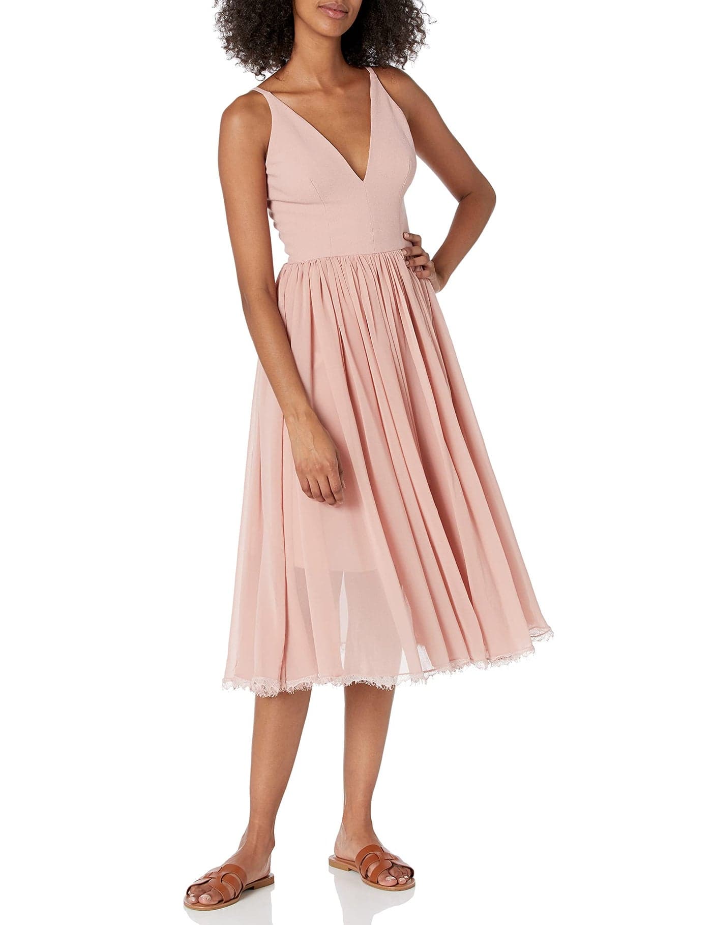 Dress the Population Womens Alicia Plunging Mix Media Sleeveless Fit and Flare Midi Dress Blush m