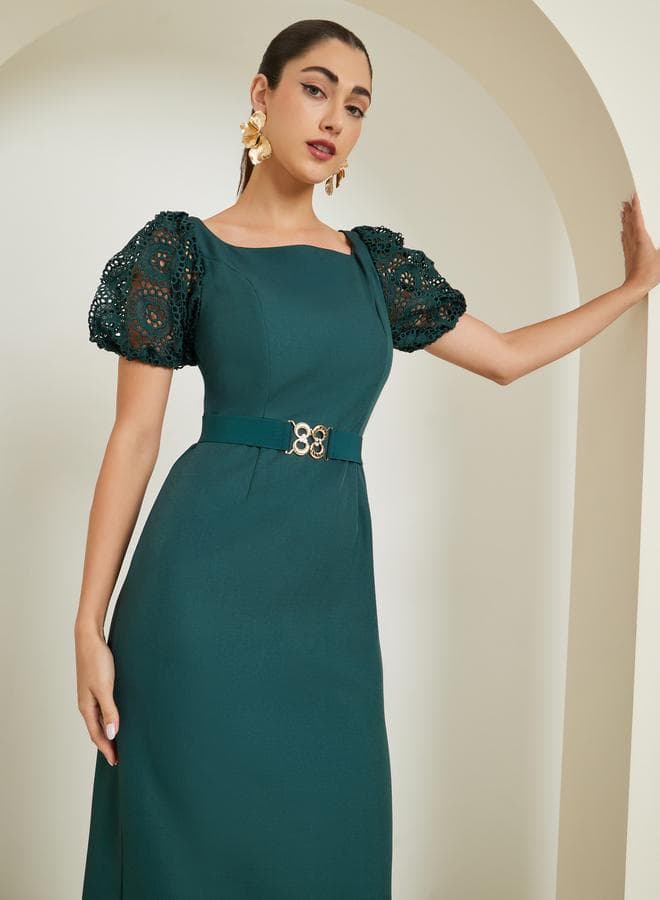 Green Lace Puff Sleeve Belted Sheath Maxi Dress — M
