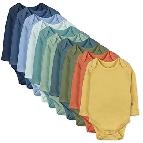 HonestBaby 10-Pack Long Sleeve Bodysuits One-piece 100% Organic Cotton for Infant Baby Boys, Girls, Unisex , Rainbow Gems Blues, 18 Months