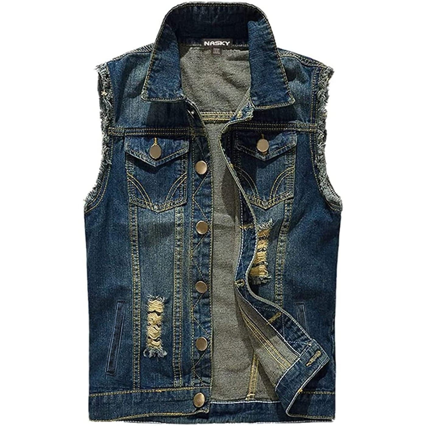 NASKY Mens Fit Retro Ripped Denim Vest Sleeveless Lapel Jean Vest Jacket Waistcoat TopXLargeDark blue