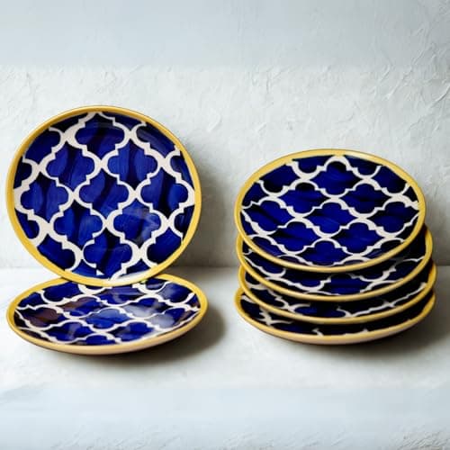 Freakway Hand-Painted Stoneware Moroccan Premium Ceramic 7-inch Quarter/Small Plate Set of 6 Pcs | Bone Ash Free | Microwave and Dishwasher Safe - Blue