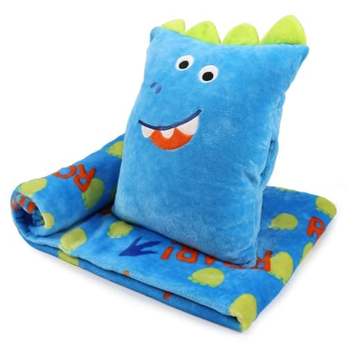 VigorSpring 3 in 1 Kids Travel Pillow and Blanket Set 40x60in Plush Pillow with Hand Warmer Dinosaur Pillow Blanket for Boys Birthday Christmas Party Favors and Travel Essential