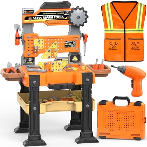 Kids Tool Bench Set with Electric Drill Vest Kids Tool Set Toddler Workbench Transformable Kid Tools Box Toddler Workbench Toy Tools Bench Christmas Birthday Gift for Boys Girls Ages 35