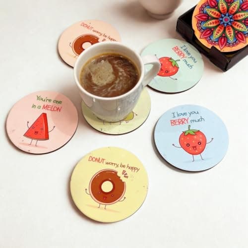 Zesta Coasters for Cups Set of 6 / Wooden Coasters for Bar Accessories for Home/Tea Coaster Set of 6 / Waterproof Dining Table Decor Glass Cover (Fruits, Circle)