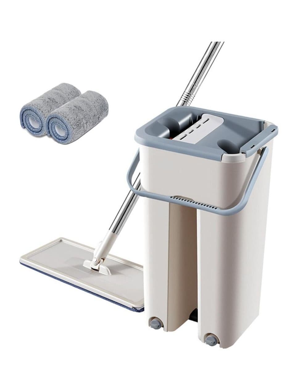 Scratch mop with Two ultrafilter Cleaning Cloth Pads and Stainless Handle Rod,Double Side Household Cleaning Automatic Dry mop Set Scratch Dry mop Wet mop with Bucket