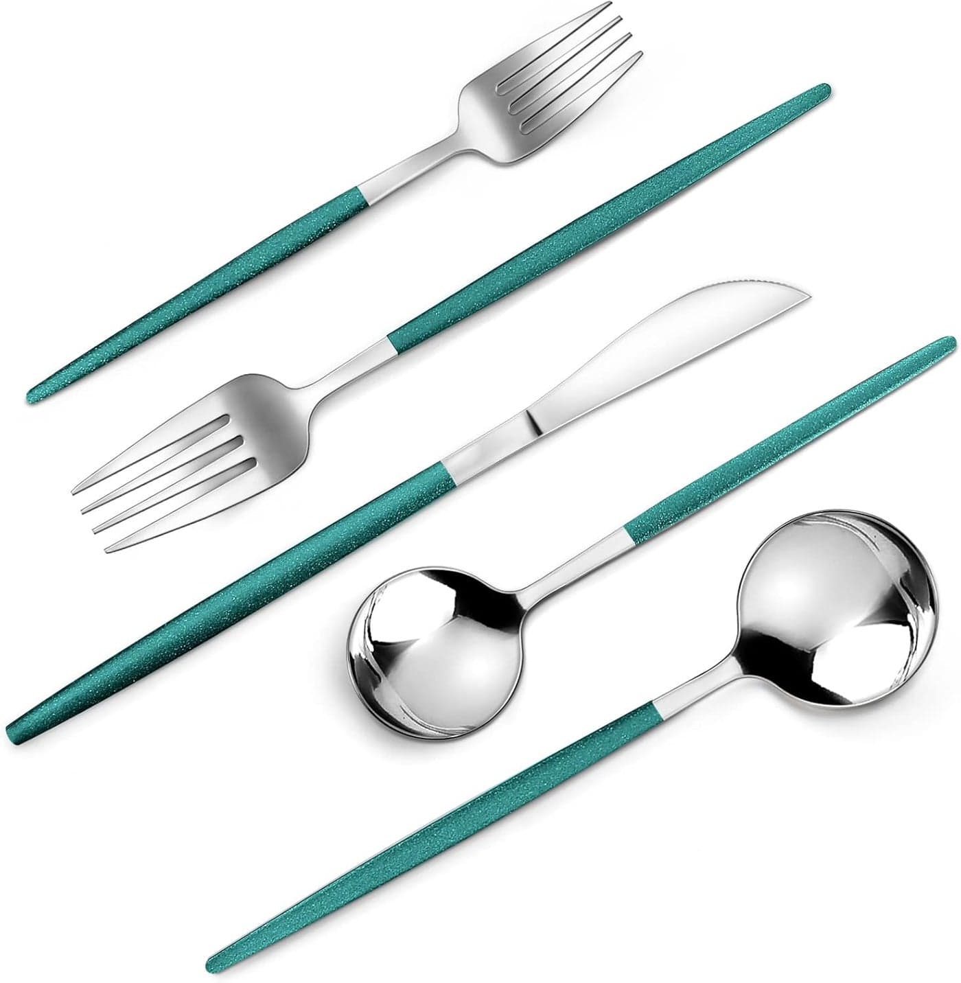 Mirror Silver Green Silverware Set 20Piece Stainless Steel Flatware Set Satin Finish tableware Cutlery Set Service for 4 Home and Restaurant Dishwasher Safe