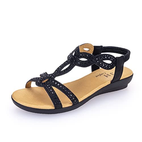 VJH confort Women’s Flat Sandals,Comfort Elastic Strap Rhinestone Open Toe Slip-On Casual Walking Sandals(black 8.5)