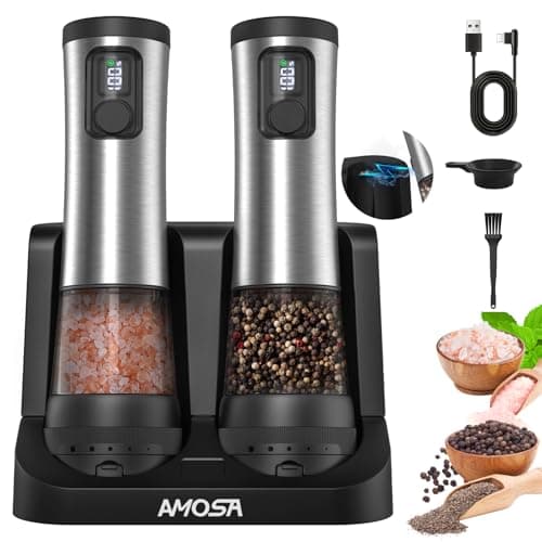 Electric Salt and Pepper Grinder Set Upgraded 2Speed Setting External 5 Adjustable Coarseness Battery Display Rechargeable Base Stainless Steel Automatic Salt Pepper Shakers Mill with LED Light