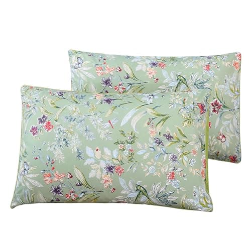 WINLIFE 100% Cotton Pillowcases King Size Sage Green Garden Floral & Butterflies Printed Pillow Cover 2 Pack, Soft Smooth Cool Envelope Closure Pillow Case Set (King, 20"x36")
