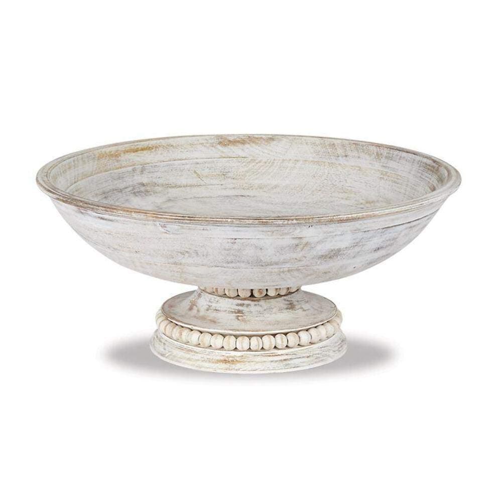 Mud Pie Beaded Wood Pedestal Bowl White 6 x 14 dia