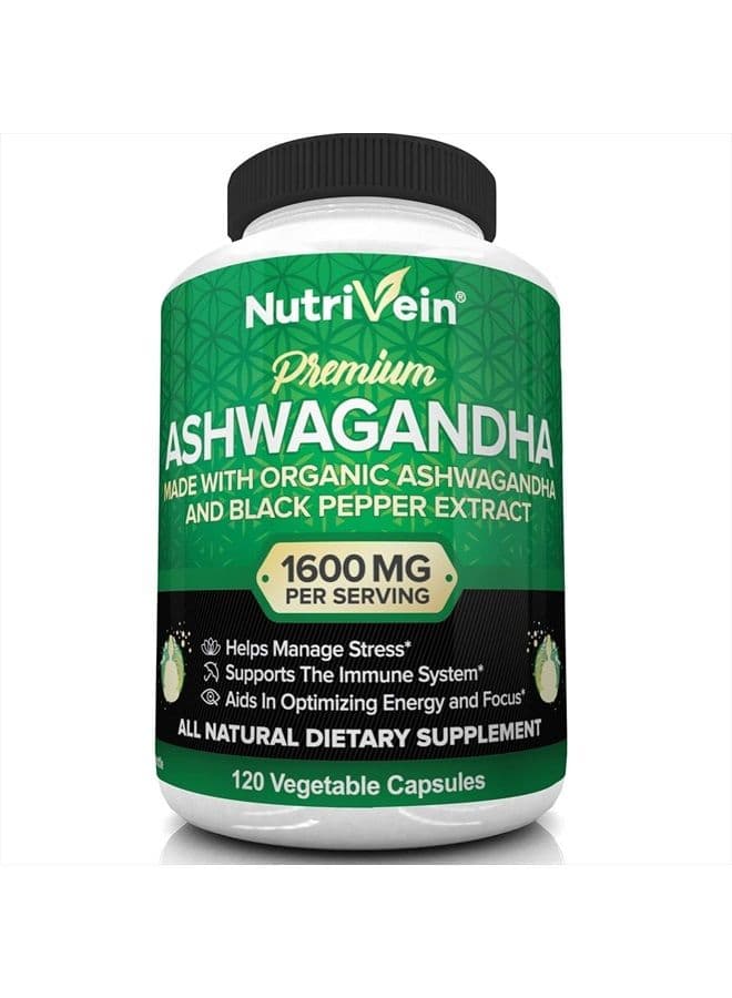 Organic Ashwagandha Capsules 1600mg with Black Pepper Extract - 120 Vegan Pills - 100% Pure Root Powder Supplement - Supports Stress Relief, Immune, Energy, Stamina & Mood