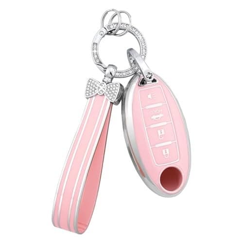 PIFOOG Key Fob Cover for Nissan 4 Button Pink Bling Keychain Girly Car Keys Case Shell Full Covers Protector Accessories for Altima Sentra Kicks Armada Murano Rogue Pathfinder Versa Titan Women TPU