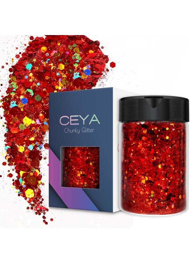 Ceya Holographic Chunky Glitter 4.9oz/ 140g Red Glitter Craft Christmas Glitter Powder Mixed Chunky Flakes Iridescent Nail Sequins for Nail Art,Hair,Epoxy Resin,Tumbler,Slime,Painting,Festival Decor