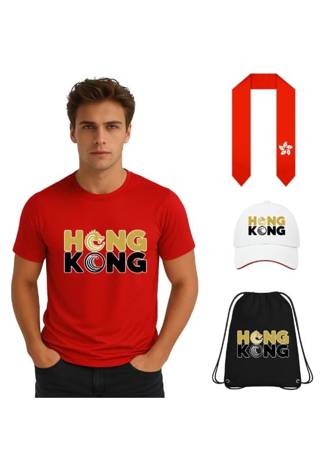 Hong Kong Men’s Sports T-Shirt Combo Pack– Drawstring Bag,Cap,Scarf And Dry Fit T-Shirt – Ideal For Sports Events,Cricket Practice And Everyday Casual Wear