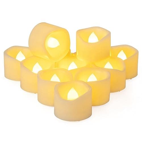 LTETTES Flameless LED Tea Light Candles | Plastic Battery Operated with 3D Wick Flickering Flame | Amber Glow, White Decorative LED Tealights for Party & Wedding | Set of 12