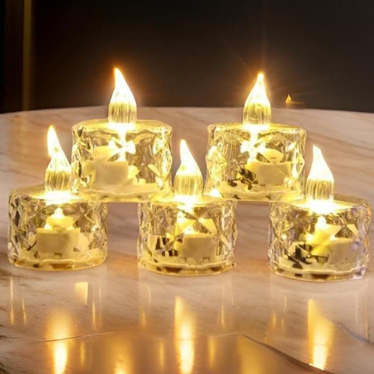 Casa Illuminate unscented 6 Pcs Flameless and Smokeless Decorative Crystal Candles Transparent Acrylic LED Tea Light Candle for Decoration (6 Pieces, Yellow, 5 cm)
