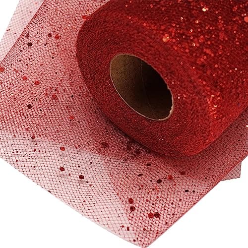 Glitter Tulle Fabric Rolls 6 Inch 50 Yards 150FT Sequin Sparkling Ribbon Spool Netting for Wedding Tutu Skirt Gift Wrapping Party Decoration Red